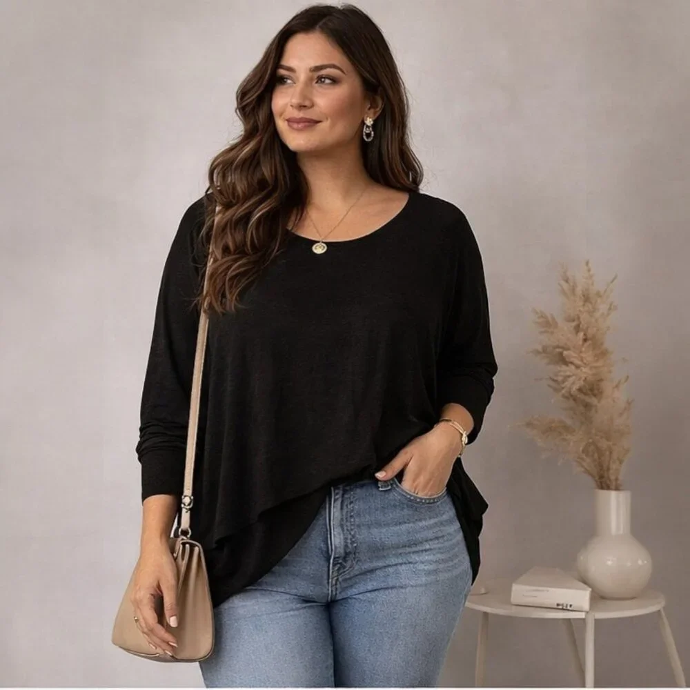 Black Plus Size Tunic Top Asymmetrical Hem Long Sleeve Cotton Stretch 2XL - Picture 1 of 5